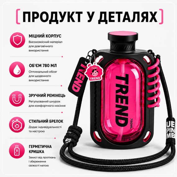 Бутылка для воды TREND 780 мл красная с силиконовым чехлом, соломинкой и ремешком | Зображення 7