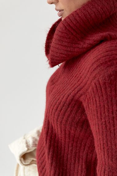 Тепла кофта в рубчик із блискавкою на комірі - темно-червоний цвет, ONE SIZE (є розміри) | Зображення 3