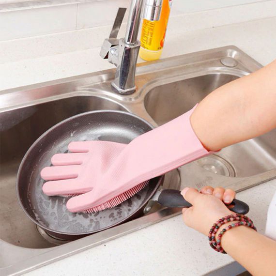 Силиконовые перчатки Magic Silicone Gloves Pink для уборки чистки мытья посуды для дома. Цвет: розовый ZE-37 | Зображення 3