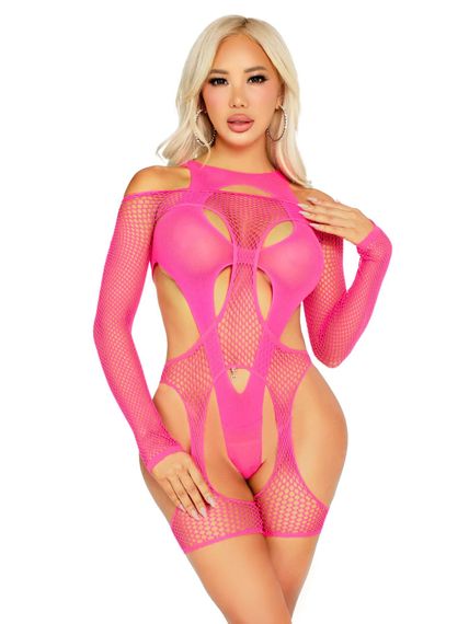 Бодістокінг Leg Avenue Fishnet Garter Harness and Teddy One Size Neon Pink | Зображення 3