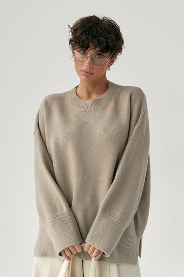 Вільний в'язаний джемпер із розрізами - кавовий цвет, ONE SIZE (є розміри)