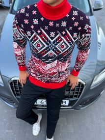 Мужской новогодний свитер с узорами PA2654 цвет красный, размер M