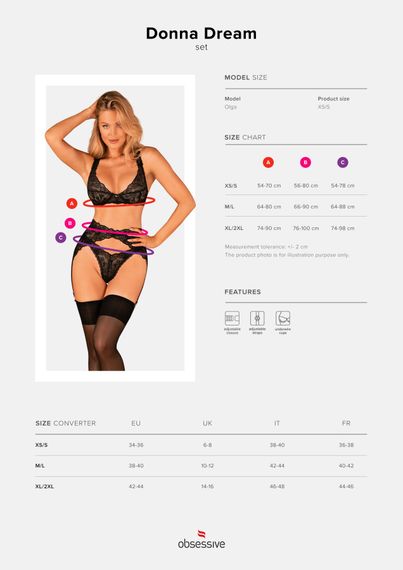 Комплект белья Obsessive Donna Dream 3-pcs set XS/S Black, бюстгальтер, стринги, пояс для чулок, Черный, XL/2XL | Зображення 4