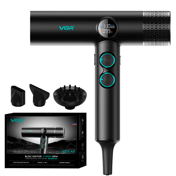 Фен профессиональный VGR V-401 BLACK, 40 уровней обдува, 40 уровней температуры, 3 насадки
