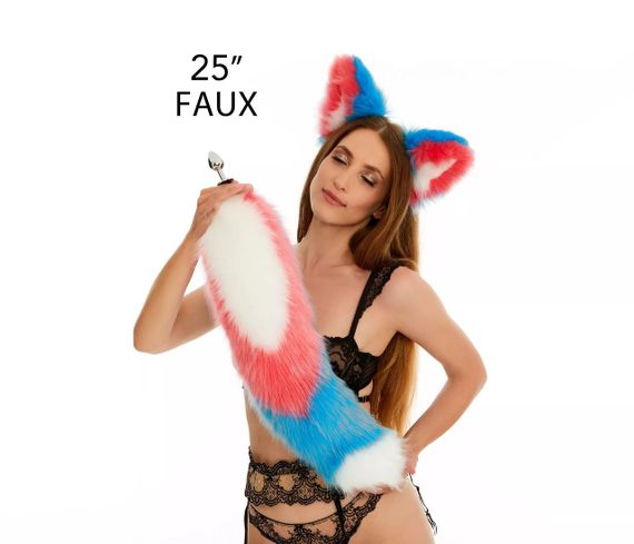 Анальний хутряний хвіст без пробки, Триколірний: Білий, яскраво-рожевий, яскраво-блакитний з білим кінчиком, OKOVA 60 см. sexstyle