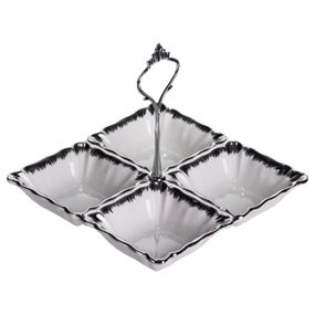 Менажниця порцелянова на 4 секції для закусок 18×18×3 (см) з ручкою Білий з сріблом LC-BYL-100-S