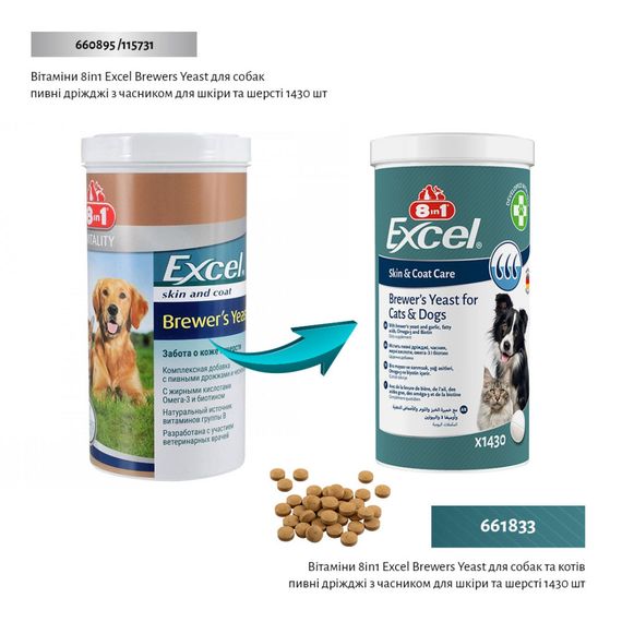 Вітаміни 8in1 Excel Brewers Yeast для собак та котів, пивні дріжджі з часником, для шкіри та шерсті, 1430 шт | Зображення 1
