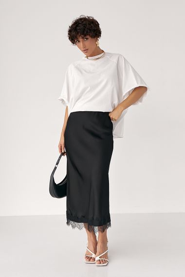 Атласна спідниця міді з мереживом - чорний цвет, S (є розміри) | Зображення 2