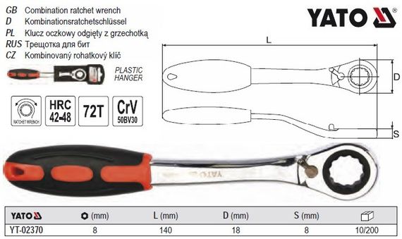Ключ накидной вигнутий трещотка М8 Cr-V YATO-02370