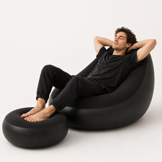 Надувний диван з пуфом Air Sofa / Надувне велюрове крісло з пуфом+насос Чорний | Зображення 3