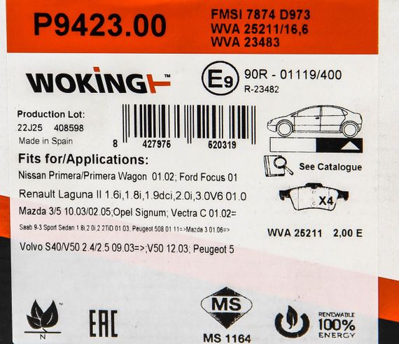 Колодки гальмівні c-max/vectra/laguna/leon/ibiza/c30/c70/v40/primera 1.6-2.8 04-, WOKING (P942300) | Зображення 1