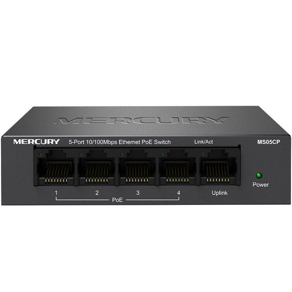 Комутатор POE 48V Mercury MS05CP 4 портів POE + 1 порт Ethernet (Uplink) 10/100 Мбіт / сек, БП в комплекті