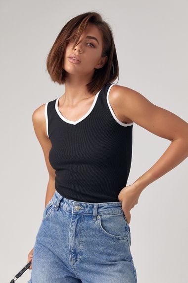 Женская майка с V-горловиной и контрастной окантовкой - черный цвет, S (есть размеры) | Зображення 4