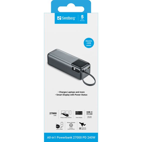 УМБ Sandberg 27000mAh 240W PD, USB-A, USB-C In/Out, with built-in Type-C cable 140W | Зображення 5