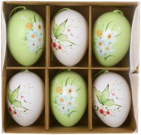 Декоративний набір "Великодні Яйця", 6 яєць-підвісок 4х6см, білий із зеленим