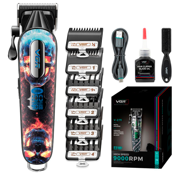 Акумуляторна машинка для стрижки VGR V-279 RED, 6 насадок, 9000 RPM, 2500 mAh, LED дисплей