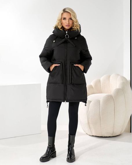 Чорний зимовий пуховик люкс середня довжина | Зображення 1