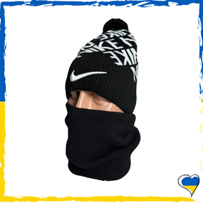 Комплект Nike черный шапка и бафф на флисе унисекс. Набор теплый. Мужской, женский, подростковый, детский