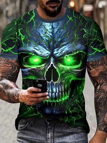 Футболка мужская 3D принт Зеленый Череп на черном фоне L 52 полиэстер