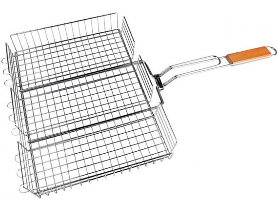 Большая решетка для гриля и барбекю с бортами A-PLUS 1895 42*32*7,5 с ручкой из дерева