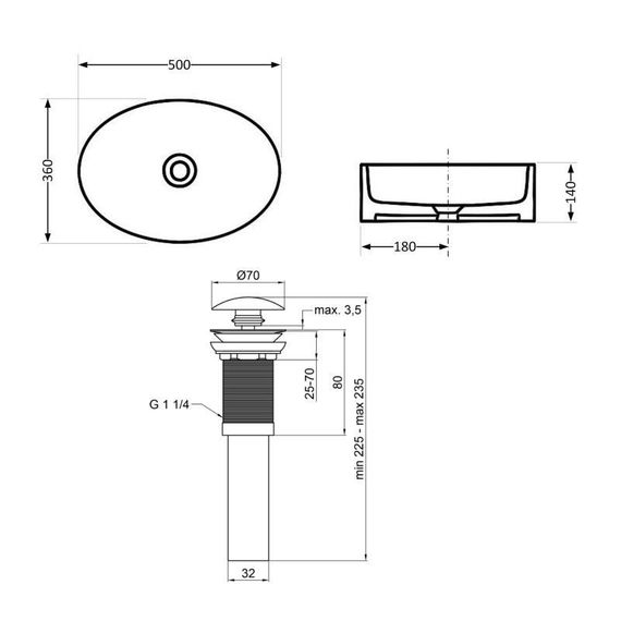 Комплект Qtap Kolibri: Раковина накладна овальна 500x360x140 мм White + Донний клапан PU02 | Зображення 1