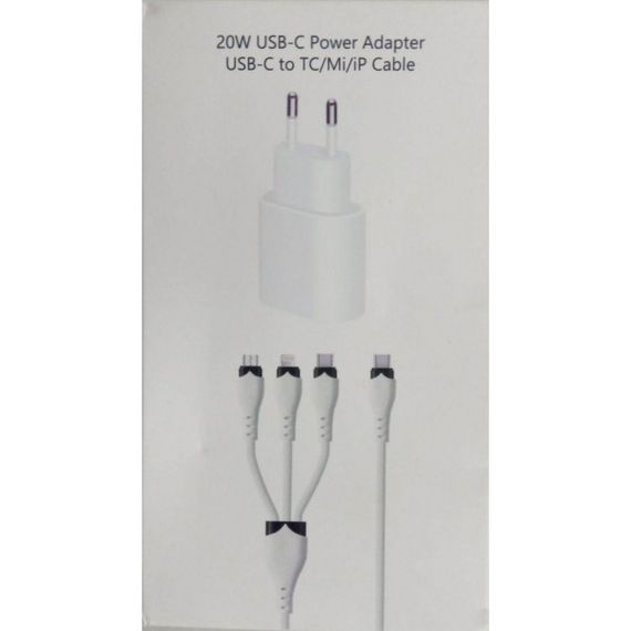 Зарядное блок питания 20W USB-С Power Adapter + тройной кабель USB-С to TC/Mi/iP Cable | Зображення 1