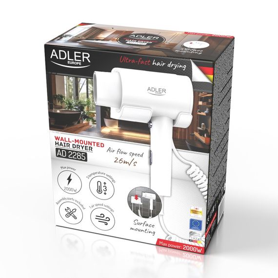 Фен для волосся настінний Adler AD 2285, 2000 Вт, готельний, концентратор | Зображення 9