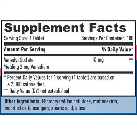 Микроэлемент Ванадил Haya Labs Vanadyl Sulfate 10 mg 100 Tabs | Зображення 1