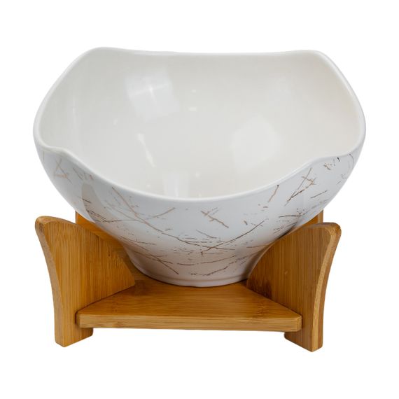 Салатниця га бамбуковій підставці з виделкою і ложкою 22*22*14 см Білий HP1228 | Зображення 5