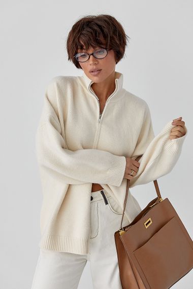 В'язаний кардиган оверсайз на блискавці - молочний цвет, ONE SIZE (є розміри)