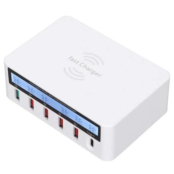 Зарядное устройство WLX-818PF 100W 1xUSB QC3.0 / 4xUSB / 1xPD Type-C / беспроводная зарядка Qi 10W - White | Зображення 1