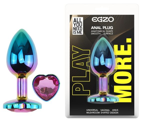 Анальна пробка EGZO Multicolor Heart Plug S з рожевим кристалом, металева, 70 мм Sex Aura