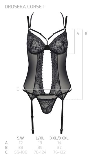 Корсет Passion DROSERA CORSET black, S/M, з кріпленнями для панчіх, трусики в комплекті | Зображення 4