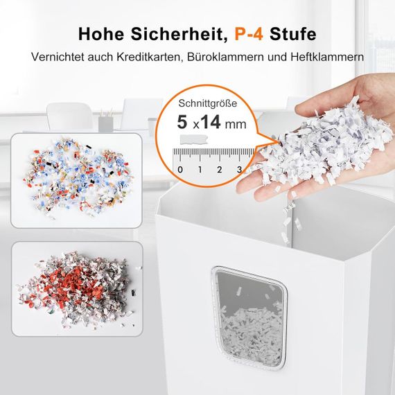 Шредер для паперу Bonsaii на 8 аркушів із рівнем безпеки P-4, перехресне різання 5×14 мм, скріпок, карток бак 13 л, білий | Зображення 2