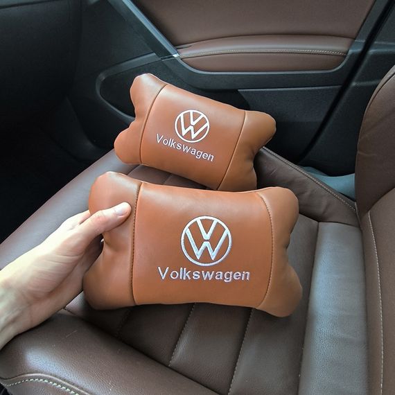 Набор подушек 2шт для автомобиля Volkswagen из натуральной коричневой кожи. Подушки на подголовник | Зображення 4