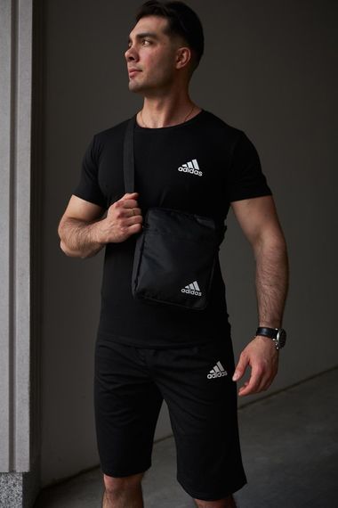 Комплект чоловічий Adidas: футболка чорна + шорти чорні + барсетка чорна (9643259898)