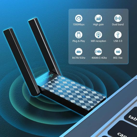 Мережевий адаптер Wi-Fi, адаптер для ПК, адаптер WLAN ElecMoga USB 3.0, 1300 Мбіт/с, ПК, 2,4 ГГц/5,8 ГГц, | Зображення 3