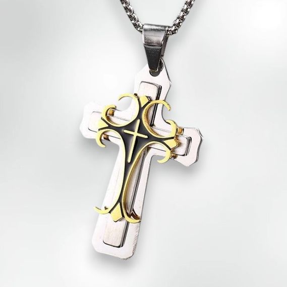 Модный мужской крестик хрестианский крест амулет тотемный рельеф с золотым узором