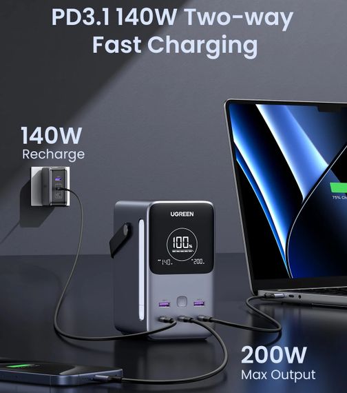 УМБ Ugreen 48000mAh 300W PD 3.1 3xUSB C+2xUSB A, зарядка 140w, Led лампа | Зображення 3