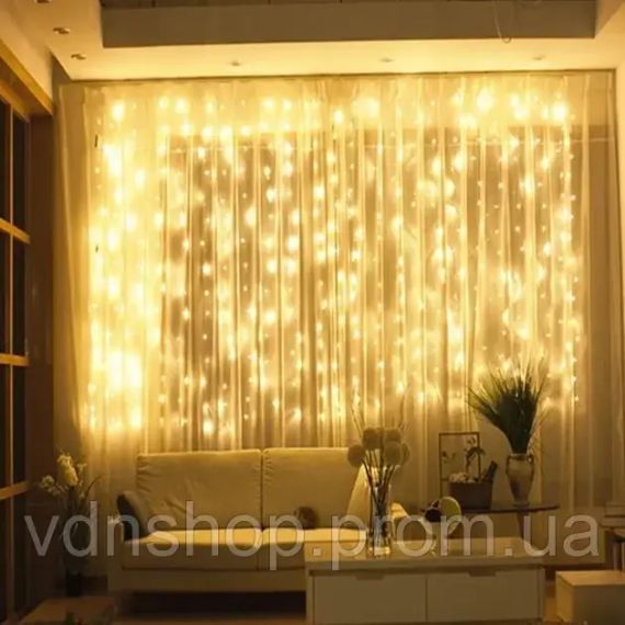 Гирлянда Водопад USB штора 3х2м, теплый белый, 200 LED + пульт / Новогодняя светодиодная гирлянда на окно