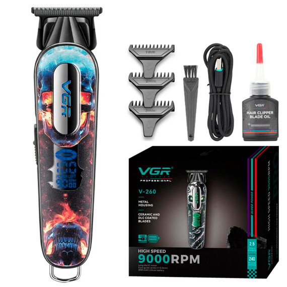 Триммер аккумуляторный для стрижки VGR V-260 RED, 3 насадки, 2000mAh, 9000 RPM, LED дисплей