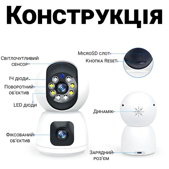 Поворотная WiFi камера видеонаблюдения, видеоняня uSafe IC-01DL-PTZ, с датчиком движения и ночной подсветкой, 4 МП | Зображення 3