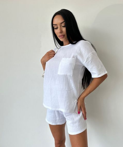 Женский легкий летний костюм шорты и футболка из муслина NA2007 цвет белый, размер 46/48 | Зображення 3
