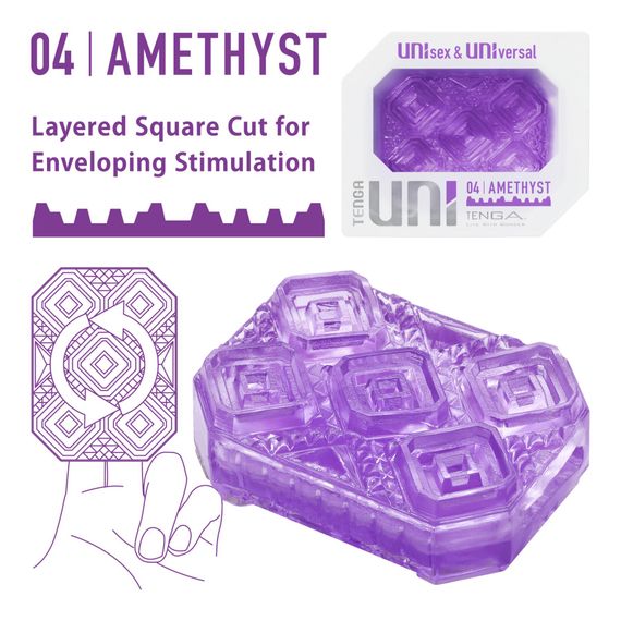 Унисекс-стимулятор Tenga UNI Amethyst, фиолетовый, узор в виде рельефных квадратов, лубрикант в комплекте | Зображення 1