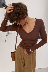 Лонгслів із мереживом у рубчик - коричневий цвет, M (є розміри)