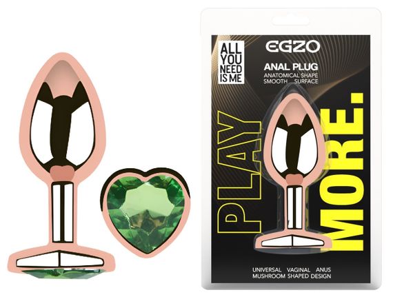 Анальная пробка с кристаллом EGZO - Rose Gold Heart Plug Green size M Sex Aura