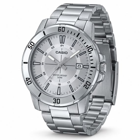 Чоловічий годинник Casio MTP-VD01D-7C зі сталевим браслетом та сріблястим циферблатом
