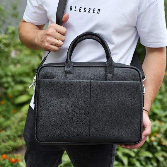 Чоловічий портфель на плече 38х28х8.5, офісний шкіряний месенджер, чоловіча ділова сумка для міста, чорна | Зображення 6