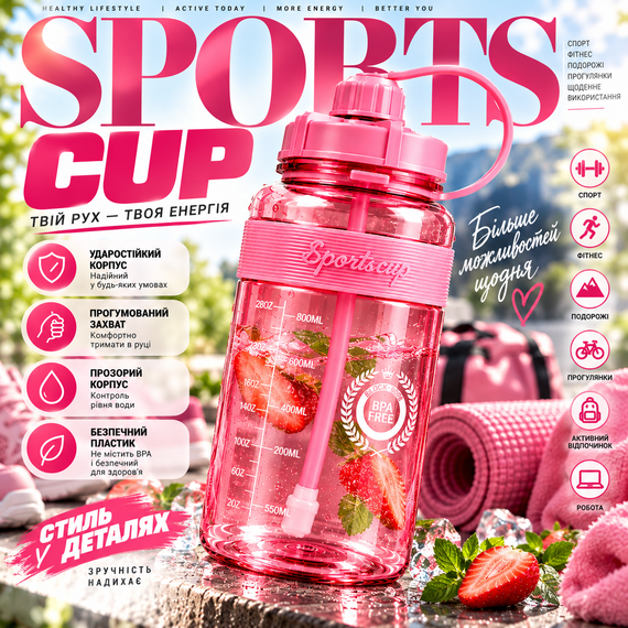 Спортивная бутылка для воды SPORTS CUP 1500 мл ударопрочная с прорезиненным захватом прозрачная розовая для спорта и фитнеса | Зображення 3