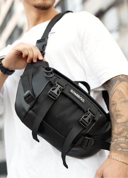 Большая мужская сумка бананка Sambag DynamicDart черная тканевая 38 × 21 × 7 см (80411701m) | Зображення 1